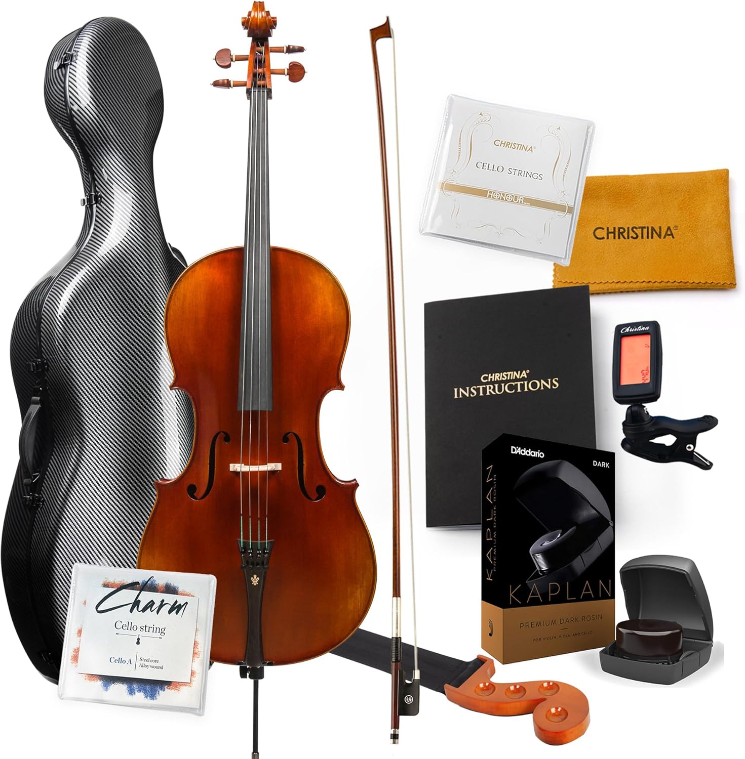 Christina C06 Professional Cello Instrument, Handmade Full Size Acoustic Cello Kit with Case and Bow - CHRISTINA