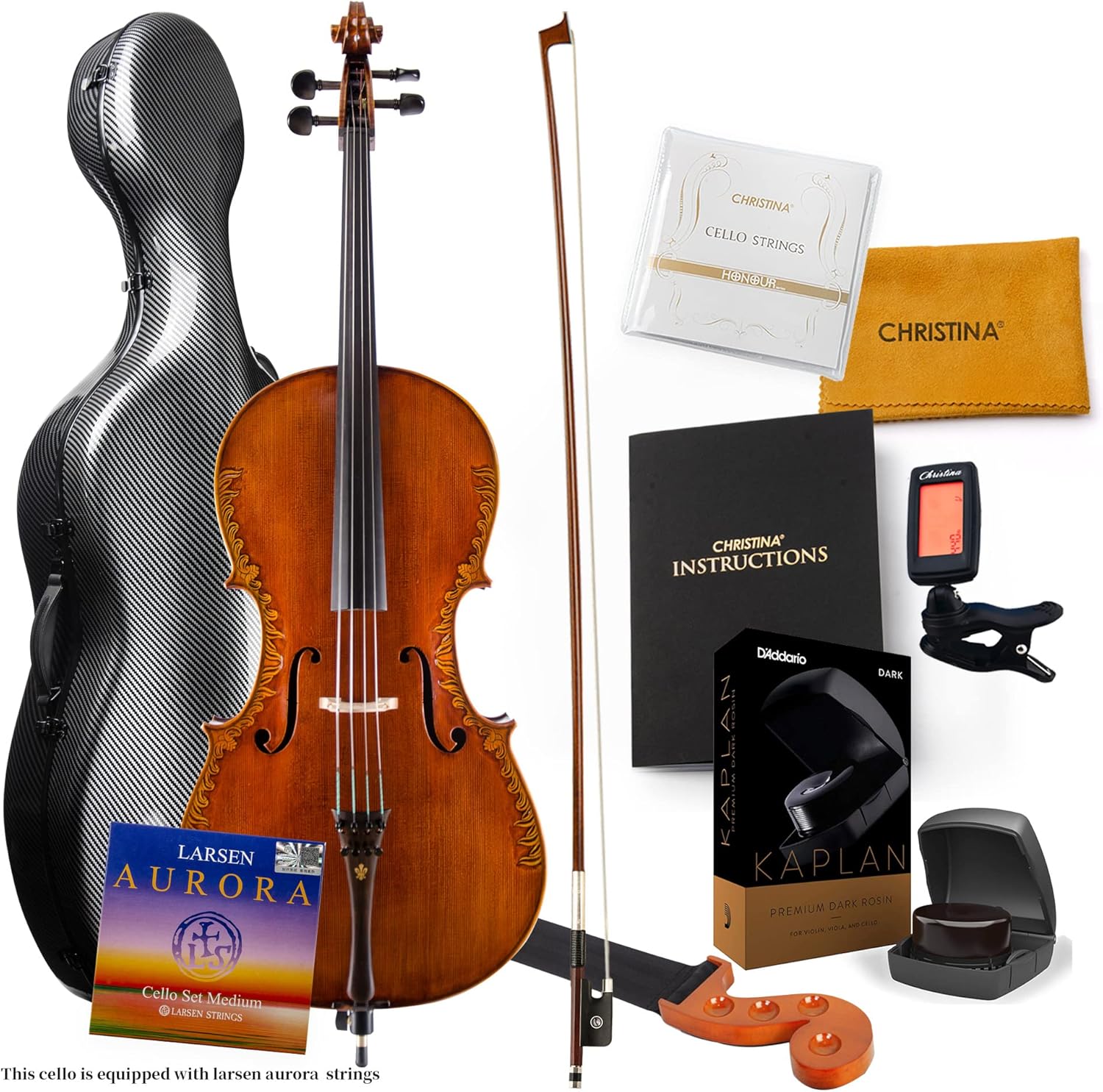 Christina C08 4/4 Full Size Cello Kit with Carbon Fiber Case and Bow - CHRISTINA
