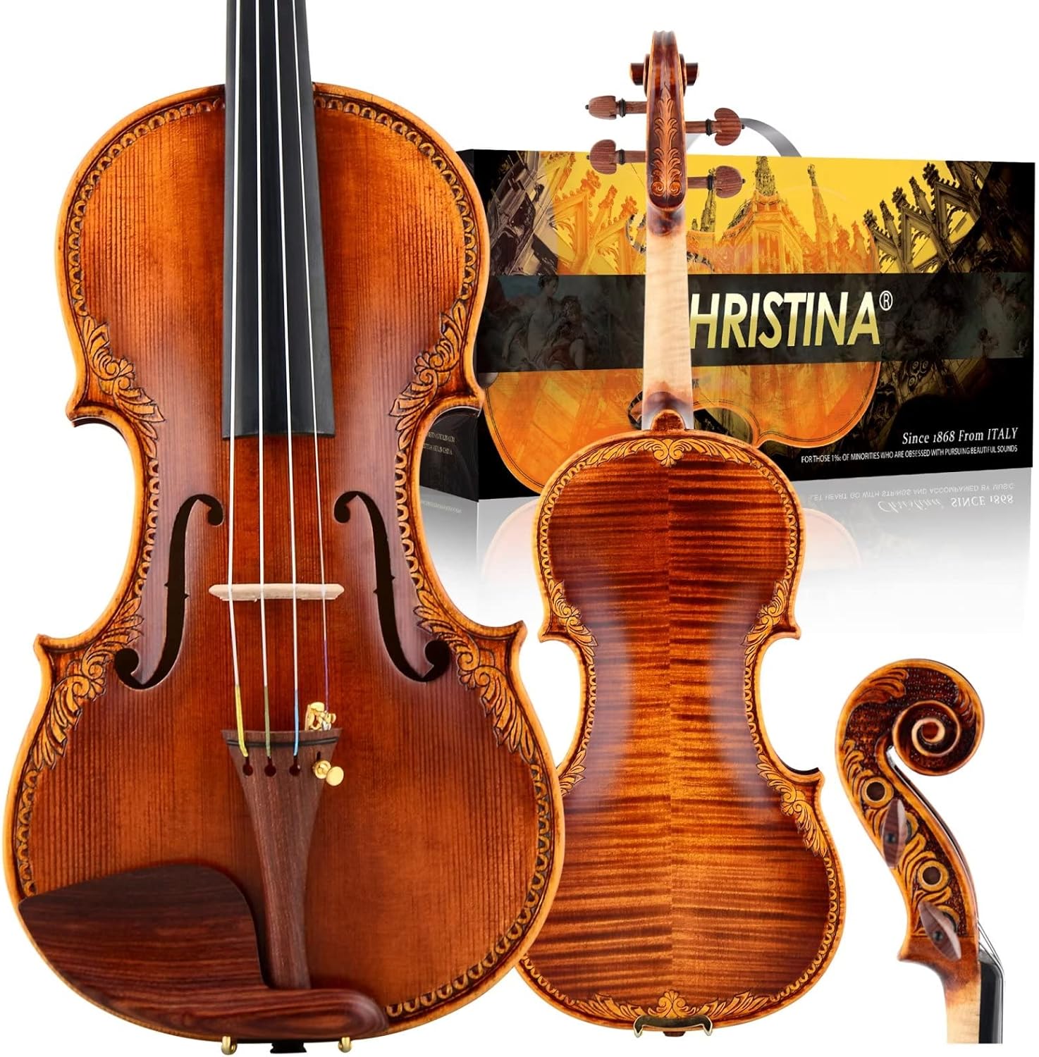 CHRISTINA S200D Carved Professional Acoustic Violin – European Spruce & Maple Handmade Instrument - CHRISTINA