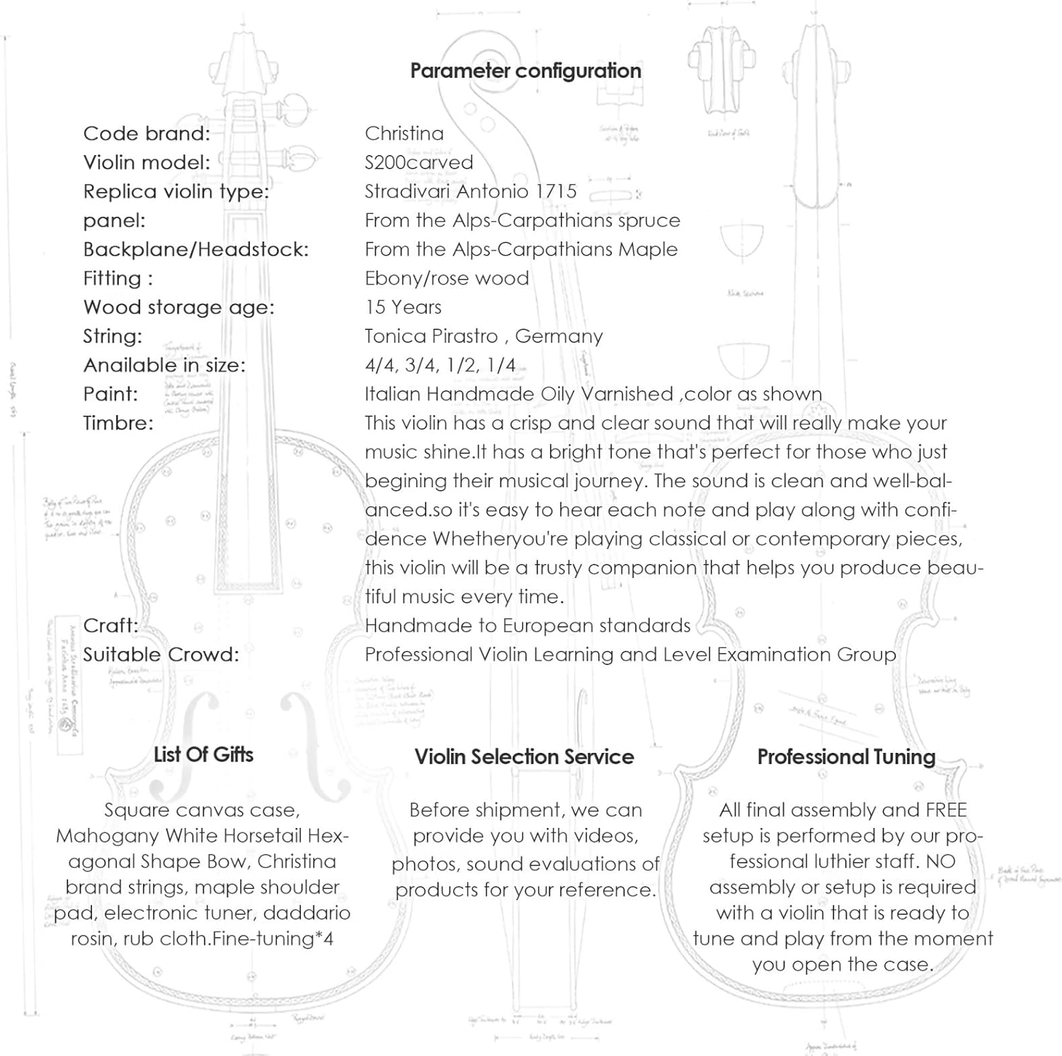 CHRISTINA S200D Carved Professional Acoustic Violin – European Spruce & Maple Handmade Instrument - CHRISTINA