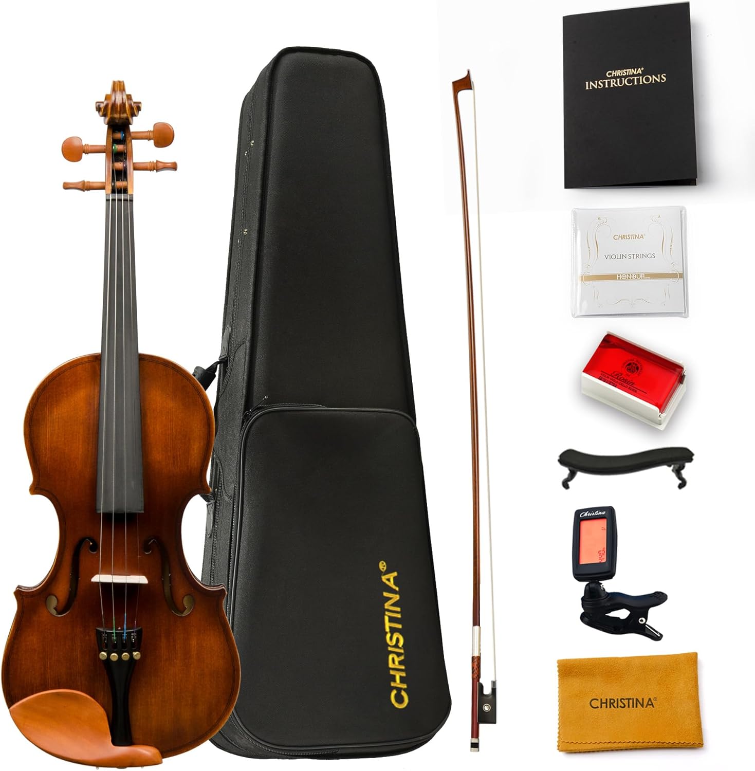 CHRISTINA V01 Beginner Acoustic Violin Kit – Handmade Spruce & Maple Violin with Case, Bow & Accessories - CHRISTINA