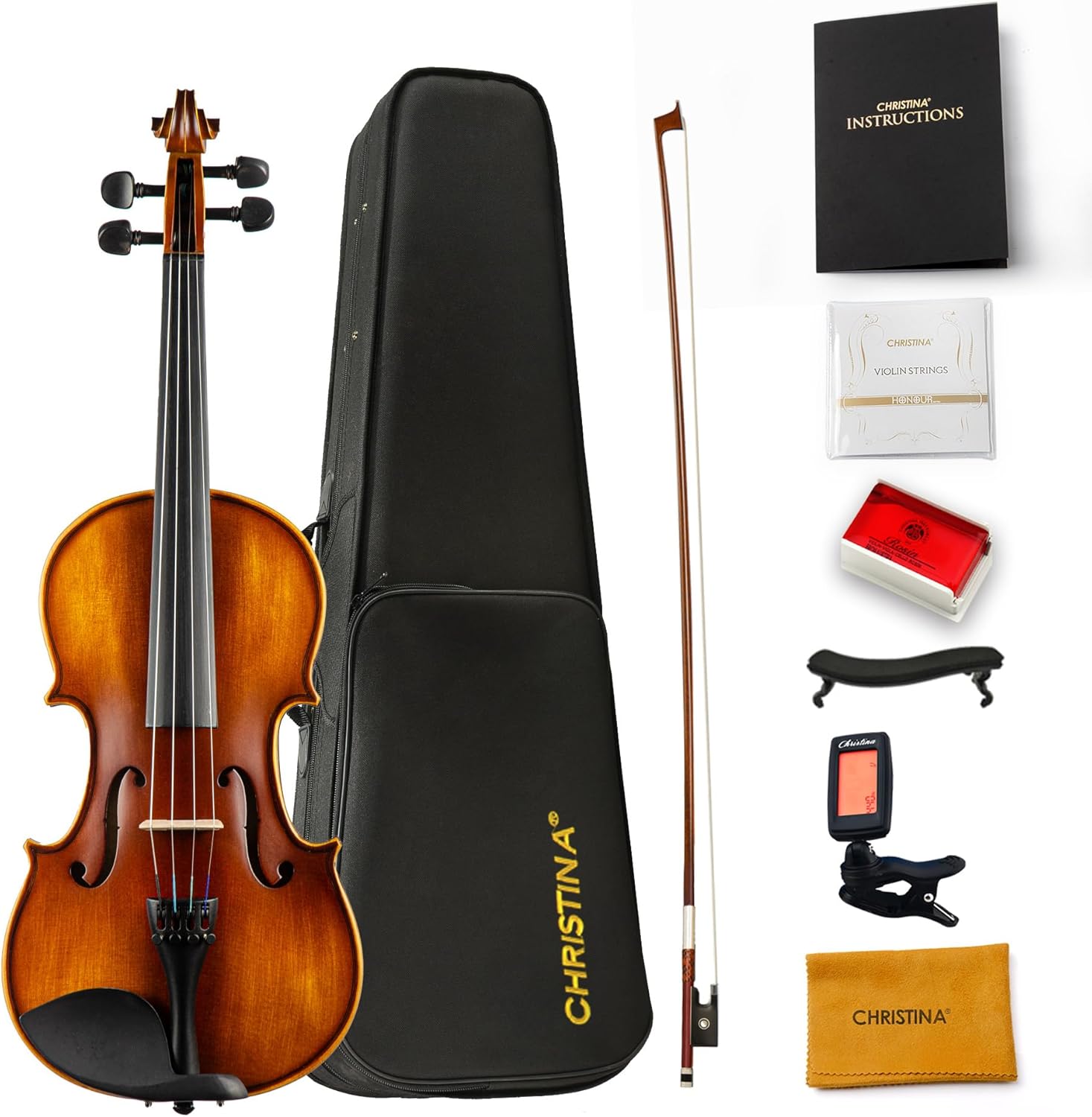 Christina V02 Beginner Acoustic Violin Kit with Case, Bow, Tuner & Accessories - CHRISTINA