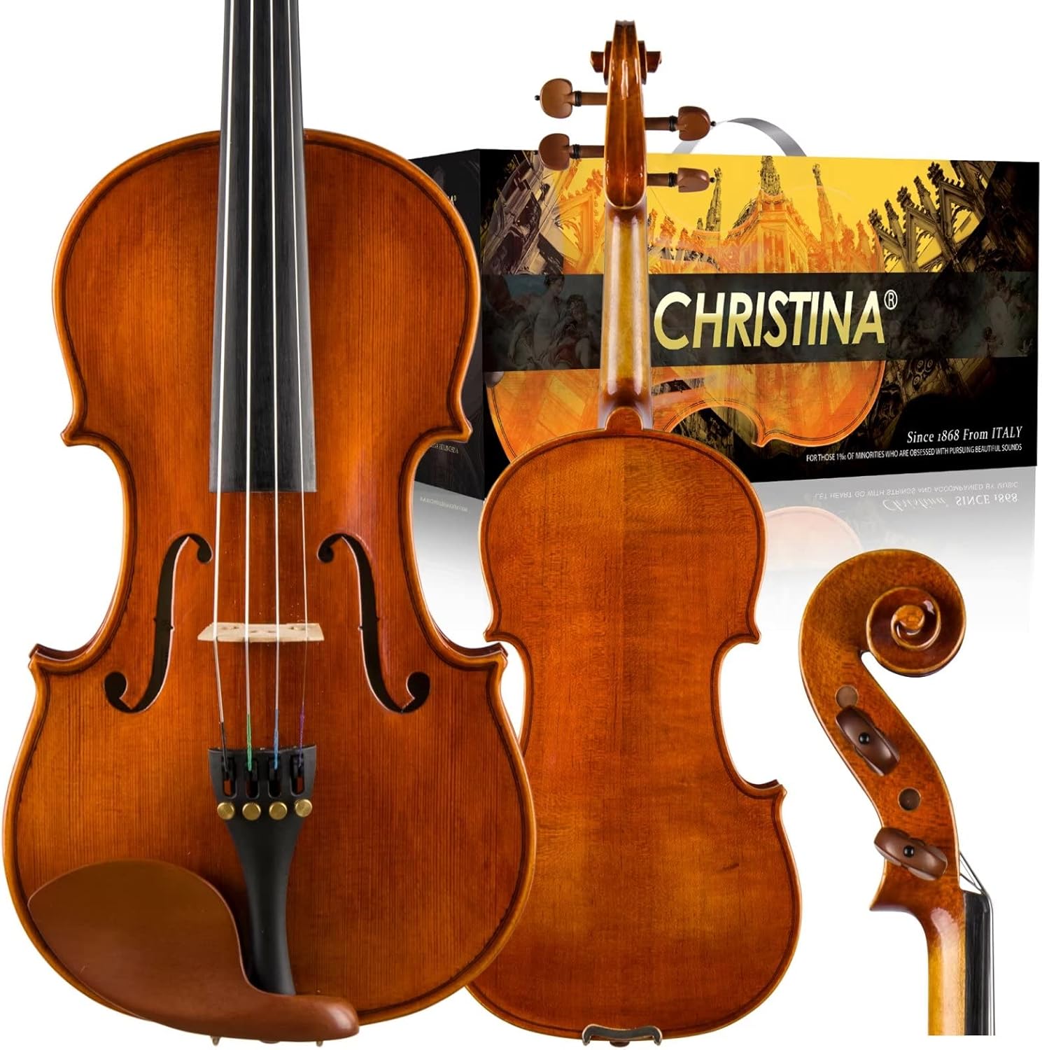 Christina V04 Full Size Acoustic Violin Kit for Beginners, Handmade Spruce & Maple Violin with Case, Bow, Tuner & Accessories - CHRISTINA