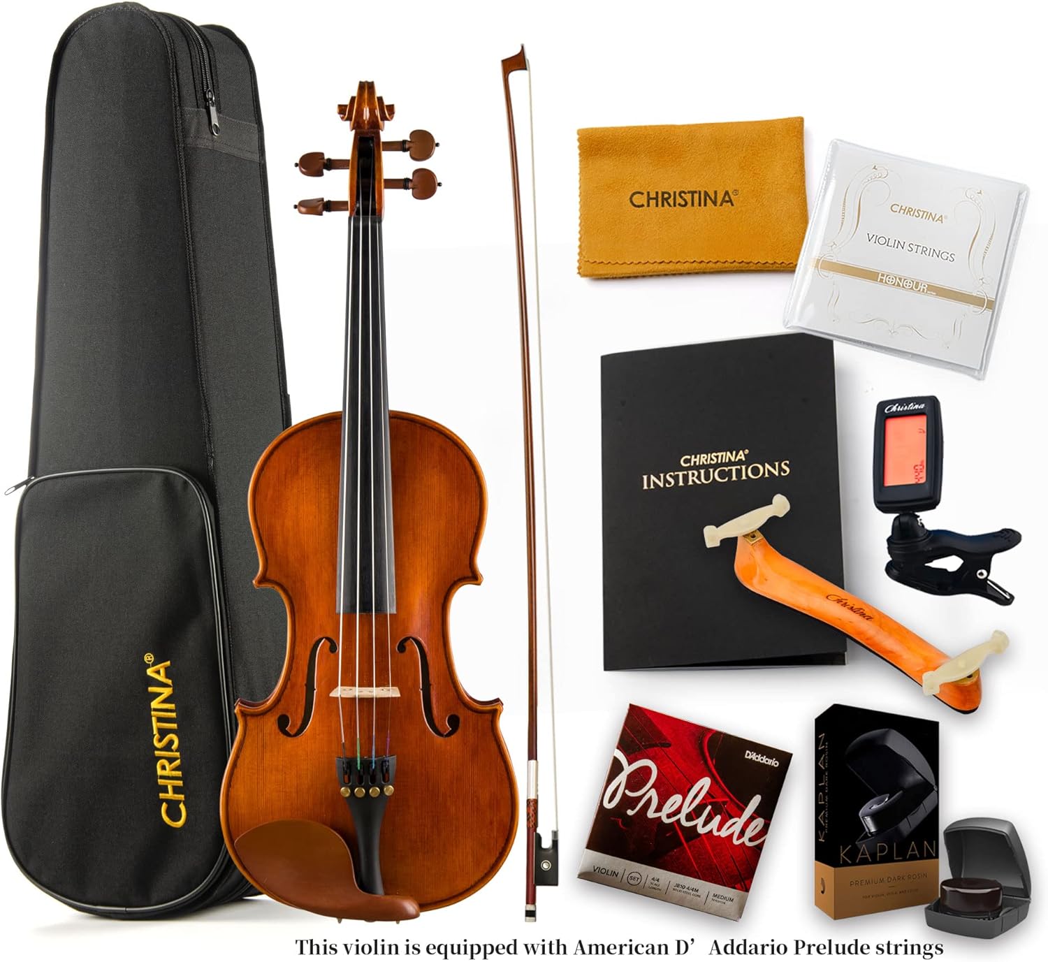 Christina V04 Full Size Acoustic Violin Kit for Beginners, Handmade Spruce & Maple Violin with Case, Bow, Tuner & Accessories - CHRISTINA
