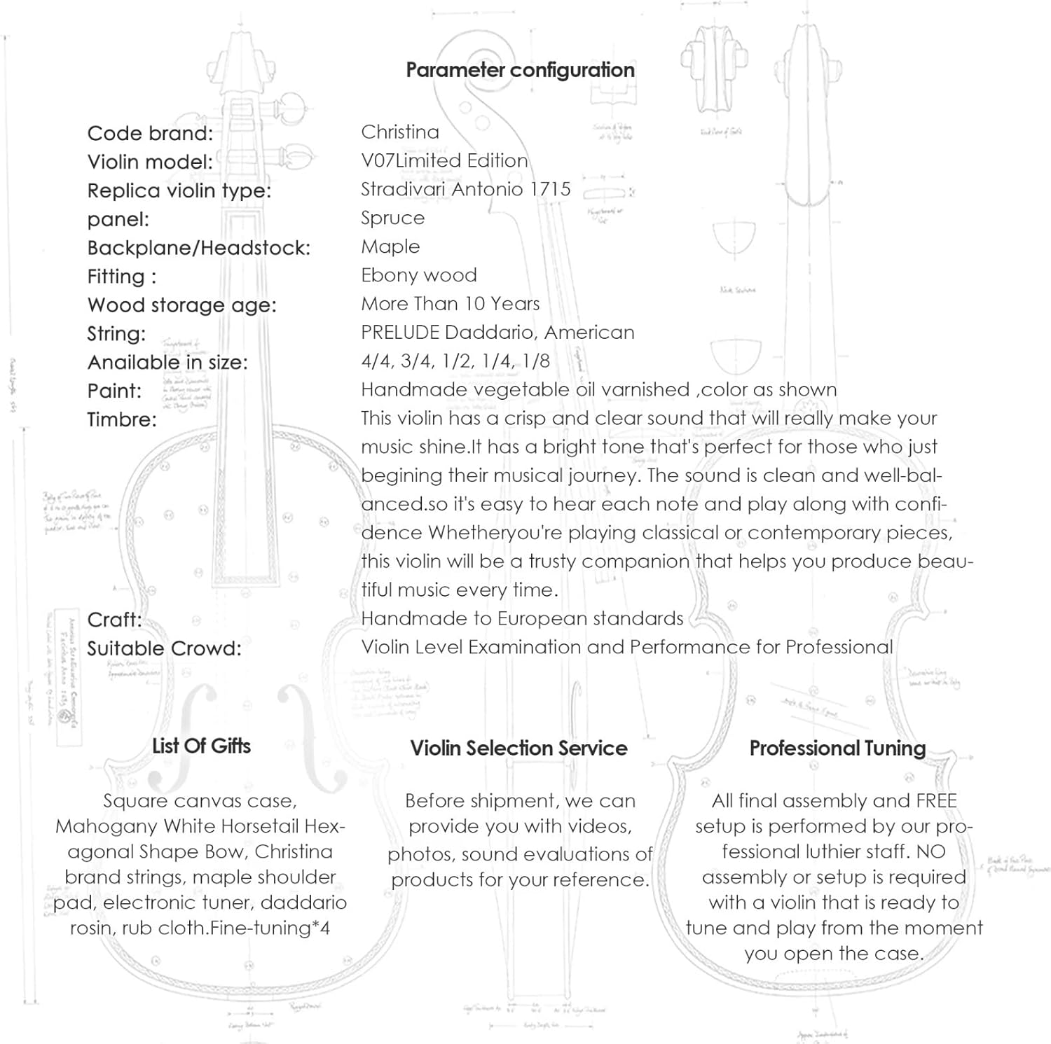 CHRISTINA V07 Limited Violin Kit – Handmade Professional Acoustic Violin, Spruce Top & Maple Back - CHRISTINA