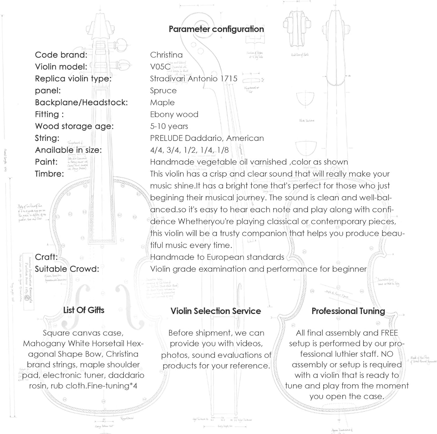 CHRISTINA V05C Handmade Professional Acoustic Violin Kit for Beginners and Adults - CHRISTINA